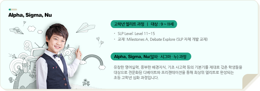 Alpha, Sigma, Nu 초등 고학년 특별 과정   |   대상 : 11세 초등부 ~ SLP Level: Level 11~15 교재: Milestones A, Debate Explorer (SLP 자체 개발 교재) Alpha, Sigma, Nu(알파 ∙ 시그마 ∙ 누) 과정 유창한 영어실력, 풍부한 배경지식, 기초 사고력 등의 기본기를 제대로 갖춘 학생들을 대상으로 전문화된 디베이트와 프리젠테이션을 통해 상위 엘리트로 완성되는 초등 고학년 심화 과정입니다.  