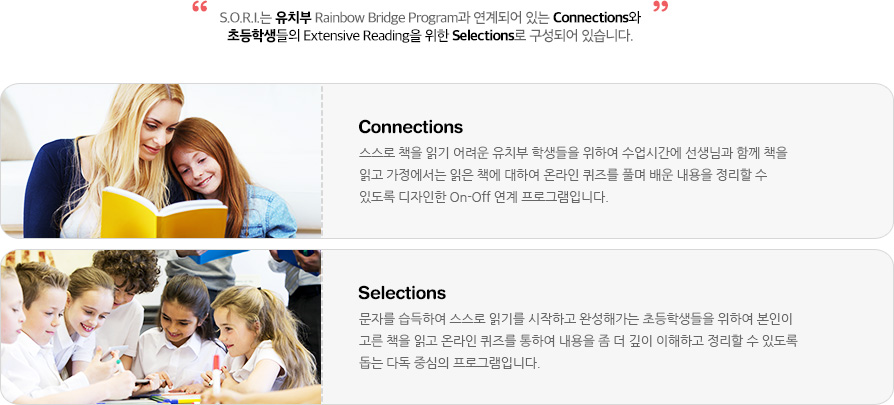 S.O.R.I.는 유치부 Rainbow Bridge Program과 연계되어 있는 Connections와 초등학생들의 Extensive Reading을 위한 Selections로 구성되어 있습니다.