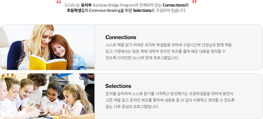 S.O.R.I.는 유치부 Rainbow Bridge Program과 연계되어 있는 Connections와 초등학생들의 Extensive Reading을 위한 Selections로 구성되어 있습니다. 